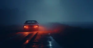 A vintage car with a dark body is positioned on a wet asphalt road, its headlights casting a warm, orange glow that reflects off the slick surface. The road stretches into the distance, disappearing into a thick fog that obscures the background.