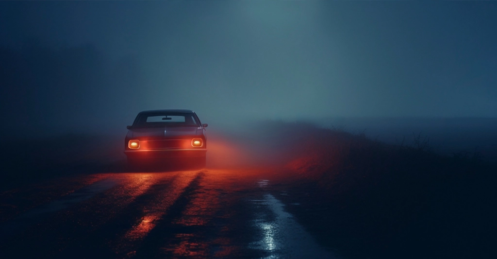 A vintage car with a dark body is positioned on a wet asphalt road, its headlights casting a warm, orange glow that reflects off the slick surface. The road stretches into the distance, disappearing into a thick fog that obscures the background.
