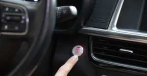 Close-up of a light-skinned hand pressing a silver engine start/stop button with a red ring and "ENGINE START STOP" text, set in a black textured dashboard with silver trim and nearby air vents; part of the steering wheel with controls is visible to the left under soft lighting.
