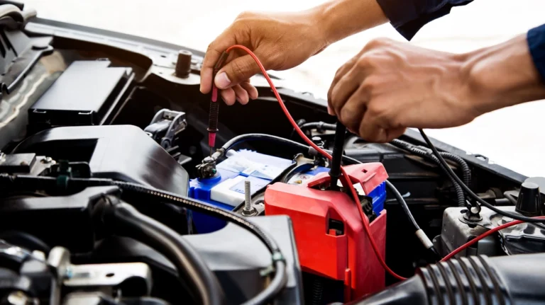 a car engine bay with a pair of tan-skinned hands holding test leads, presumably checking the car battery's voltage