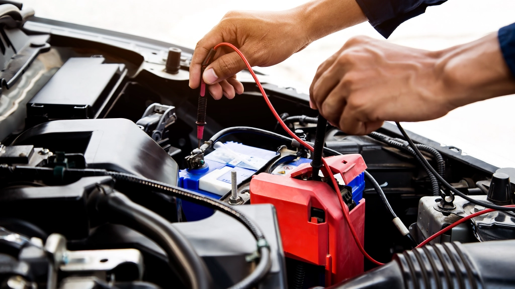 a car engine bay with a pair of tan-skinned hands holding test leads, presumably checking the car battery's voltage