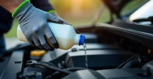 A close-up shot shows a gloved hand pouring liquid from a white plastic bottle into a car engine