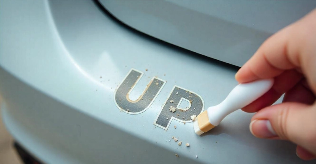Close-up shot of a fair-skinned hand holding a small white brush with a tan tip, cleaning the word "UP" on a light blue surface of a car