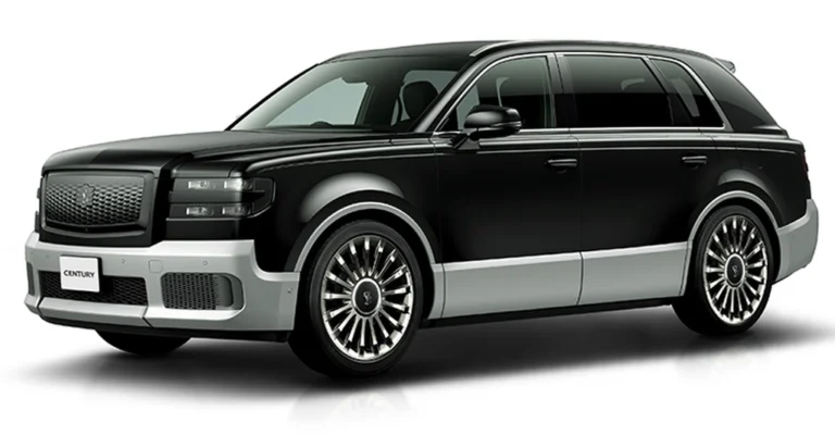A black Toyota Century SUV with a silver trim along the bottom. The car has a large, rectangular grille with a mesh pattern and the word "CENTURY" on the lower left side.