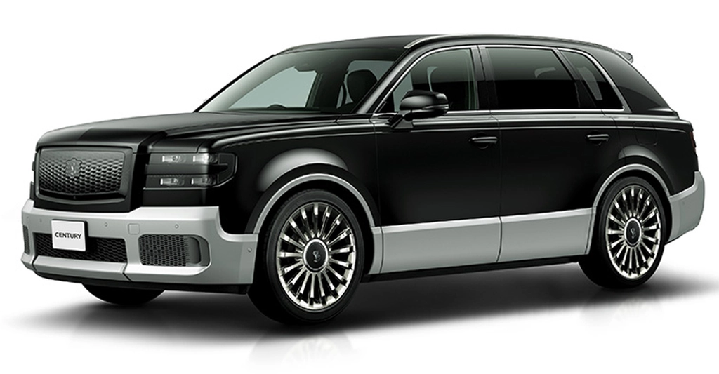 A black Toyota Century SUV with a silver trim along the bottom. The car has a large, rectangular grille with a mesh pattern and the word "CENTURY" on the lower left side.