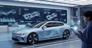 A digital rendering shows a light silver electric car in a futuristic testing environment, with a woman analyzing data on a tablet.