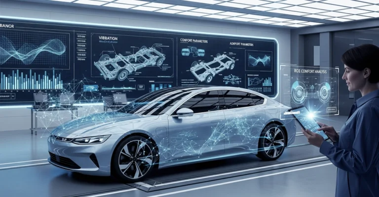 A digital rendering shows a light silver electric car in a futuristic testing environment, with a woman analyzing data on a tablet.