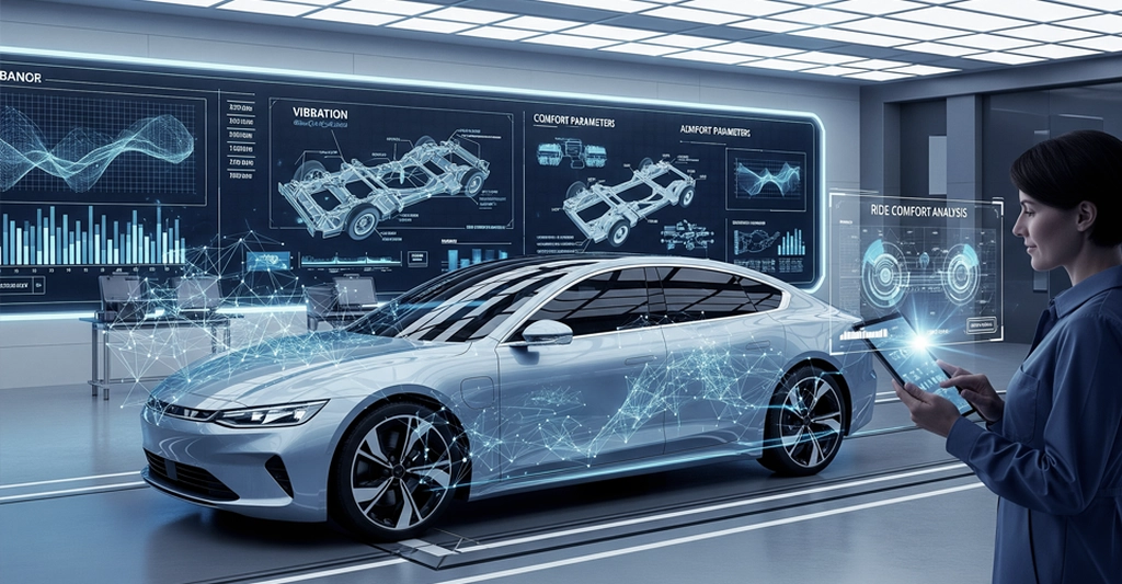 A digital rendering shows a light silver electric car in a futuristic testing environment, with a woman analyzing data on a tablet.
