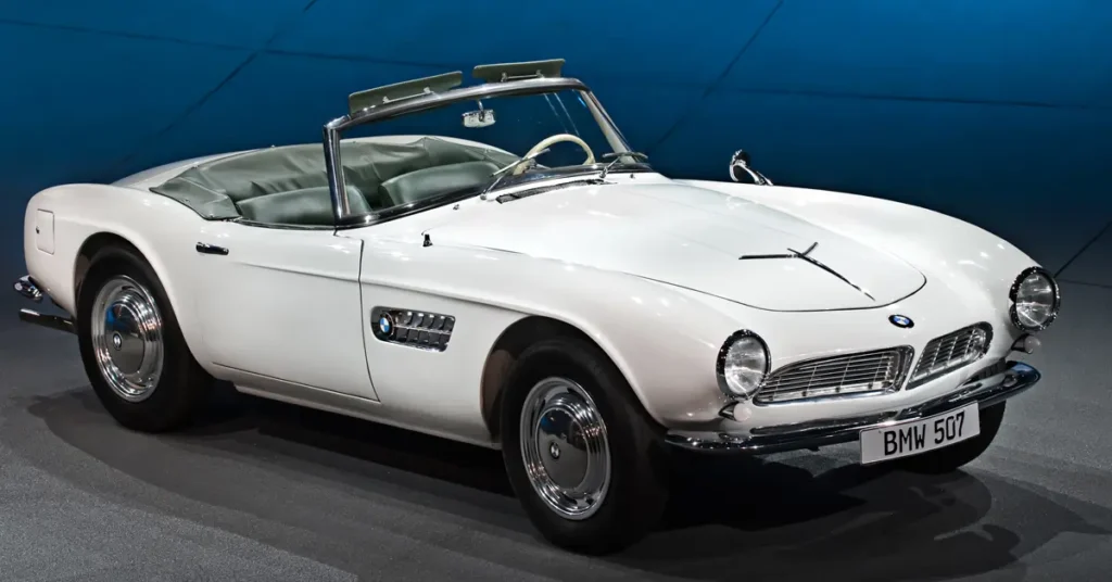 BMW 507 roadster showcased at the Geneva Motor Show, highlighting its classic design and elegance.