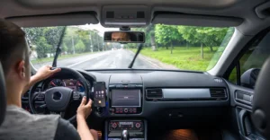 A view from inside a car, looking out through the windshield on a rainy day. The windshield wipers are in motion, clearing the rain. A man is driving, his hands on the steering wheel