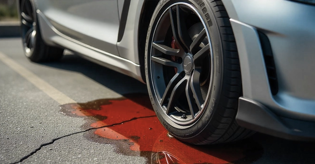 A close-up shot captures the lower portion of a silver car parked on asphalt, with a pool of red liquid beneath the front wheel