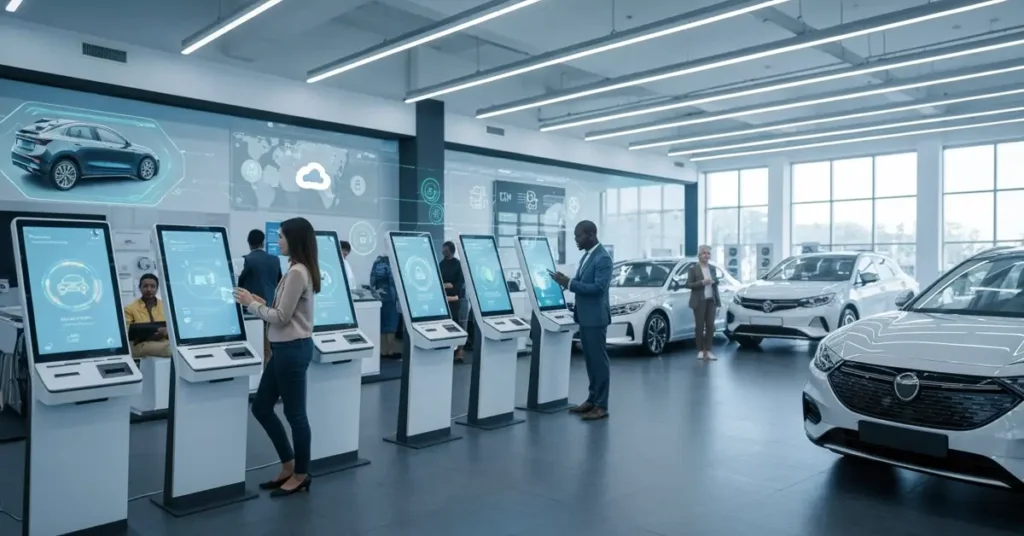 A well-lit car dealership interior features a row of interactive kiosks and several cars