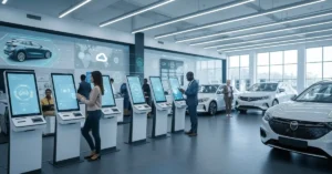 A well-lit car dealership interior features a row of interactive kiosks and several cars