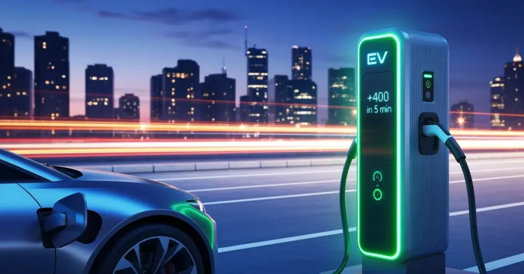 A futuristic electric vehicle on a road , symbolizing the growth and innovation in the country's EV market.