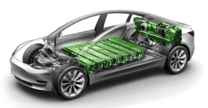 Cutaway view of a silver electric car with green battery pack and engine, white background.