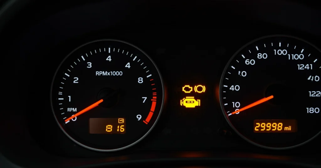 Close-up shot of a car dashboard featuring two circular gauges with white markings and orange needles against a black background, the left gauge displays RPM values up to 9, with the needle pointing slightly above 0, and a digital display below showing " between the gauges, two illuminated warning lights are visible, one resembling a tire pressure indicator and the other a check engine light