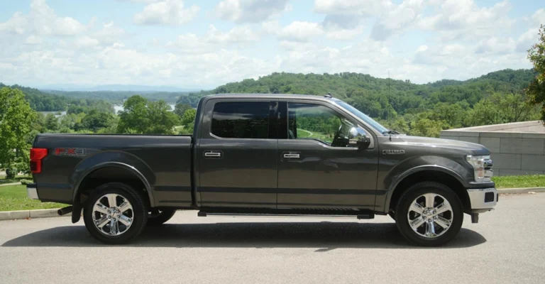 A gray Ford F-150 pickup truck is parked on a paved surface, with a scenic backdrop of rolling green hills and a cloudy sky.
