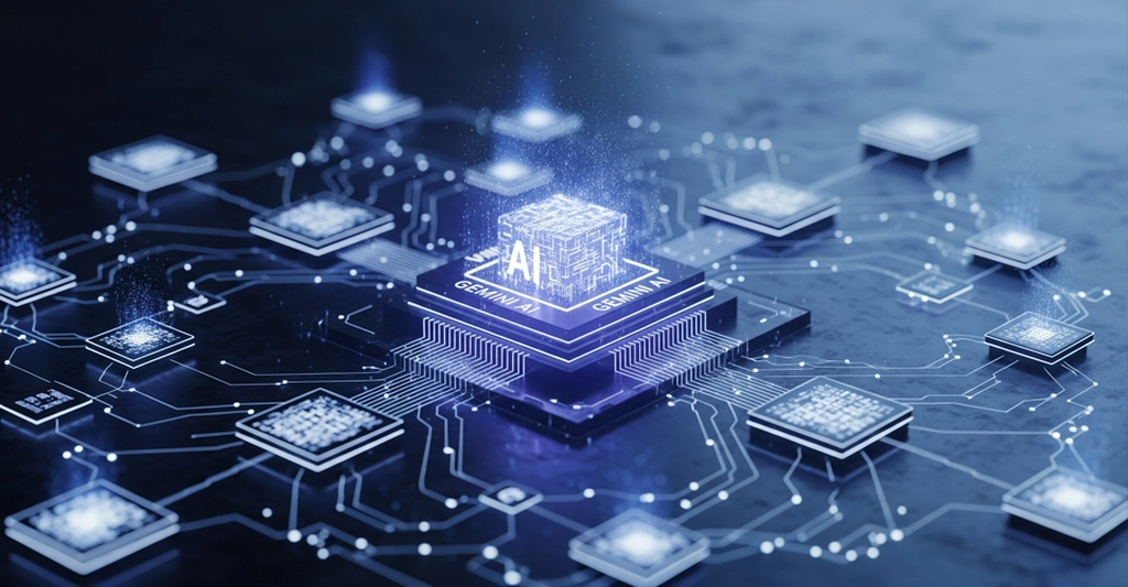 A digital rendering shows a network of interconnected computer chips on a dark surface, illuminated with a cool, blue light.
