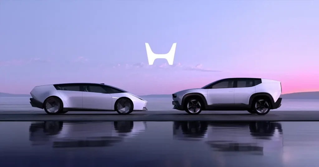 Two Honda 0 SUV and Honda 0 Saloon white cars, one on the left and one on the right, are facing each other, with a white "Honda" logo floating in the center of the image.