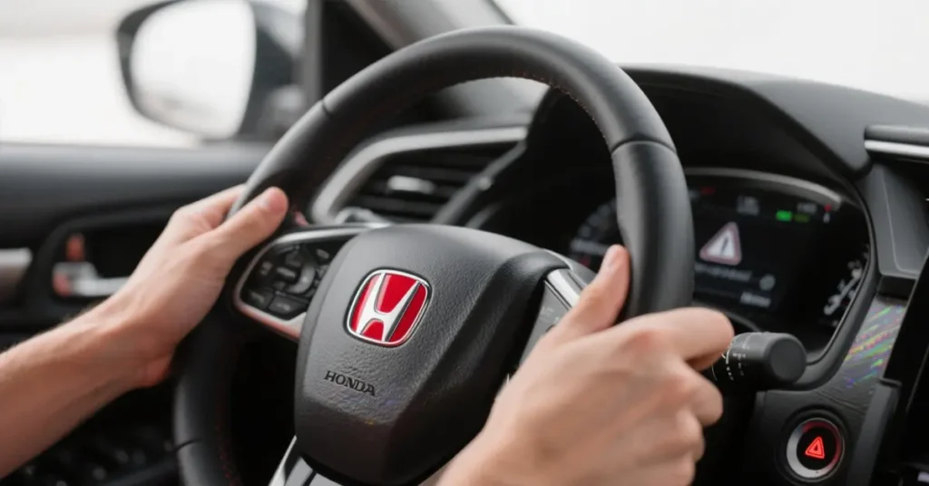Close-up shot of a light-skinned man, around 30 years old, holding a black Honda steering wheel. The Honda logo is prominently displayed in the center of the steering wheel
