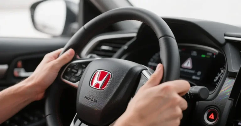 Close-up shot of a light-skinned man, around 30 years old, holding a black Honda steering wheel. The Honda logo is prominently displayed in the center of the steering wheel