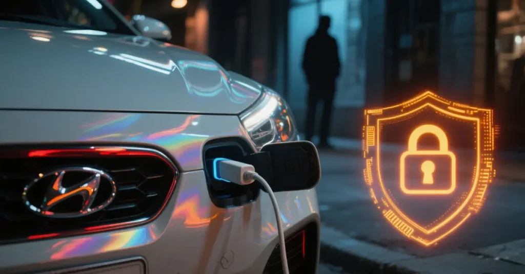 Close-up shot of a white Hyundai electric car charging on a city street at night, with a person walking in the background and a digital security shield with a padlock in the foreground