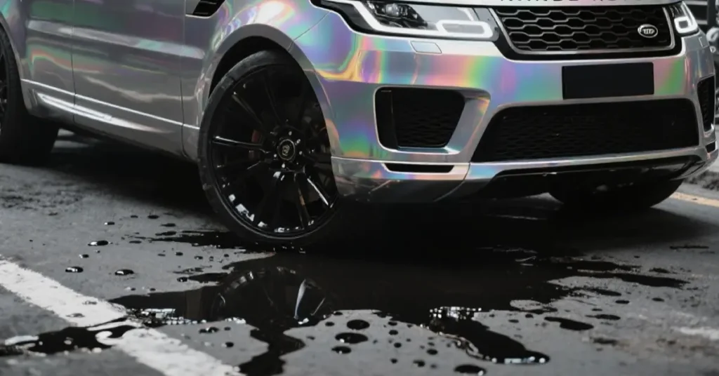 A close-up shot of a Range Rover with a holographic wrap, parked on a wet asphalt surface. The car's front end is prominently displayed, showcasing the iridescent colors shifting across its surface. The black rims of the wheels provide a stark contrast to the vibrant wrap. The ground is marked with dark, oily puddles that reflect the car and the surrounding environmen