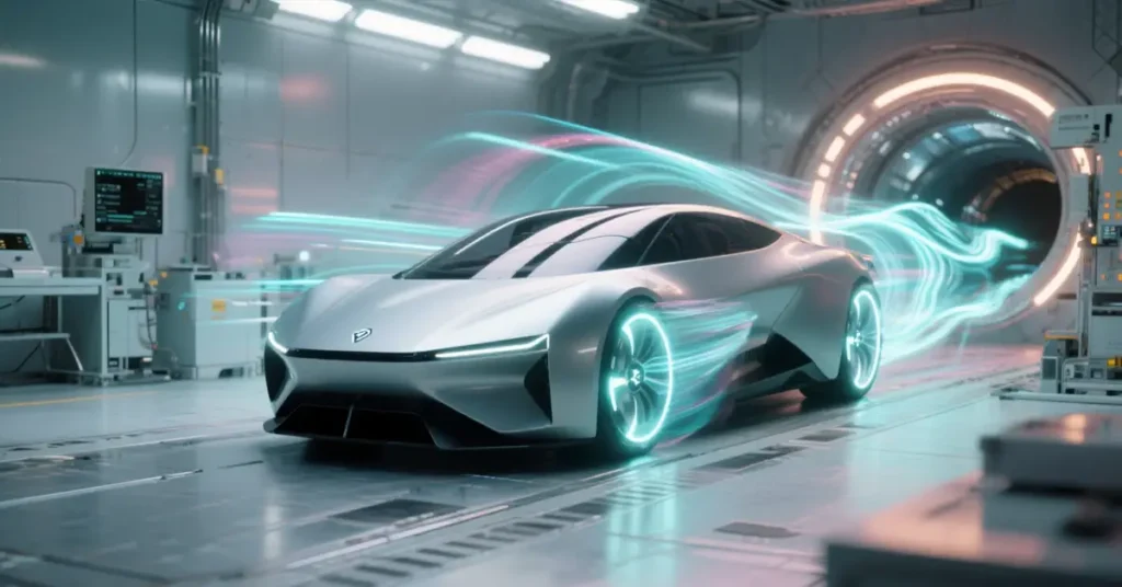 Futuristic silver sports car with glowing wheels in a high-tech laboratory