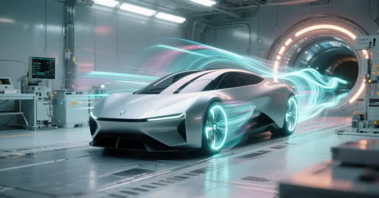 Futuristic silver sports car with glowing wheels in a high-tech laboratory