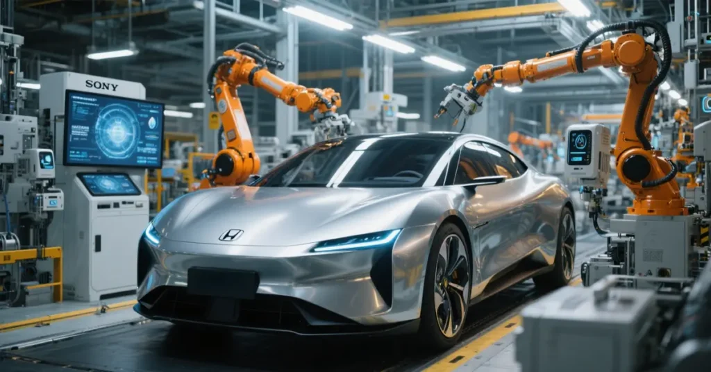 A futuristic car assembly line, featuring a sleek, silver sports car at the center, surrounded by robotic arms in bright orange. The robots are in the process of assembling or inspecting the car