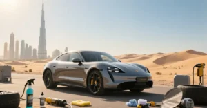 A gray Porsche Taycan is parked on a paved surface with a desert landscape in the background, featuring sand dunes and the Dubai skyline including the Burj Khalifa. The car is the main focus, positioned at a slight angle to the viewer, showcasing its sleek design and sporty features. To the left and right of the car, there are various car detailing and maintenance tools scattered around
