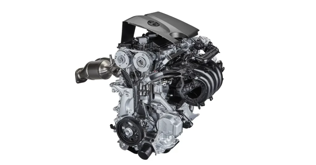 A detailed studio shot of a modern internal combustion engine, showcasing its intricate components and design.