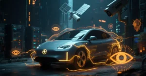 A digital art image features a futuristic car in a high-tech urban setting, rendered with a focus on neon lighting and digital overlays