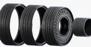 A digital rendering of four tires, each in a different state of construction or deconstruction, set against a stark white background