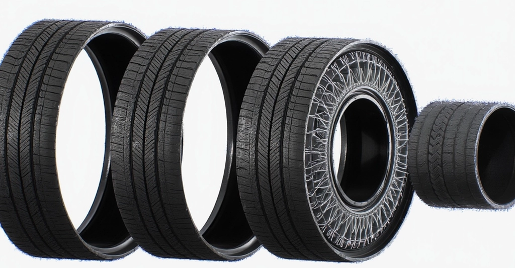 A digital rendering of four tires, each in a different state of construction or deconstruction, set against a stark white background