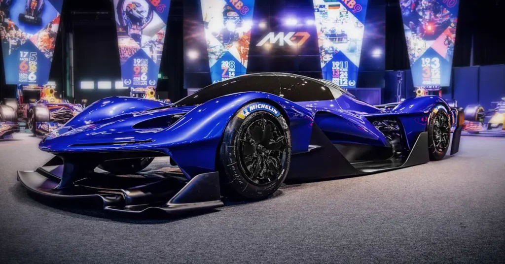 A sleek hypercar concept displayed at the 2019 auto show, showcasing innovative design and advanced technology
