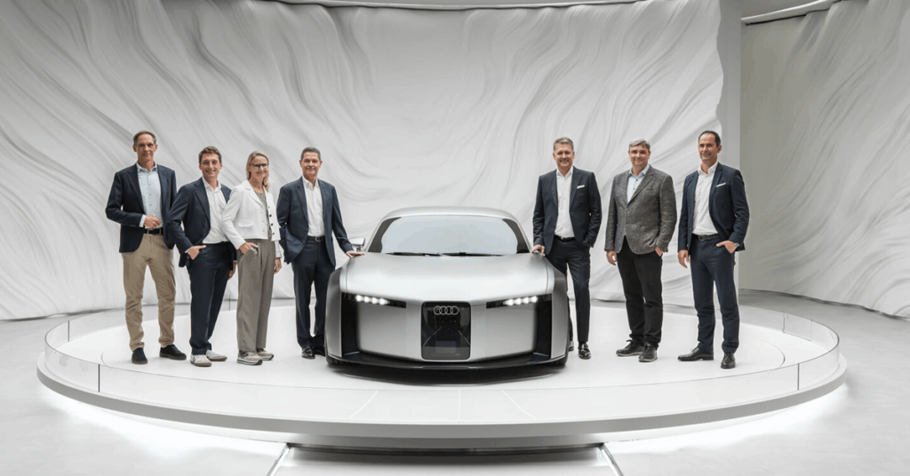 A wide shot shows seven people standing behind a silver Audi concept car on a white platform. The people are all light-skinned.