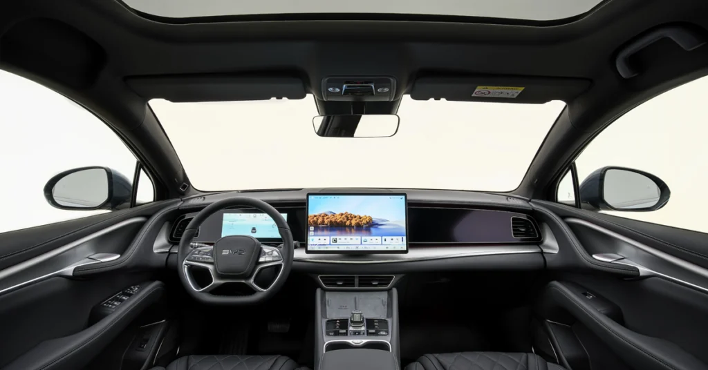 A digital display screen in the interior of a the Dolphin Surf car, showing a variety of app icons including Spotify, Android Auto, and Apple CarPlay, with the time displayed