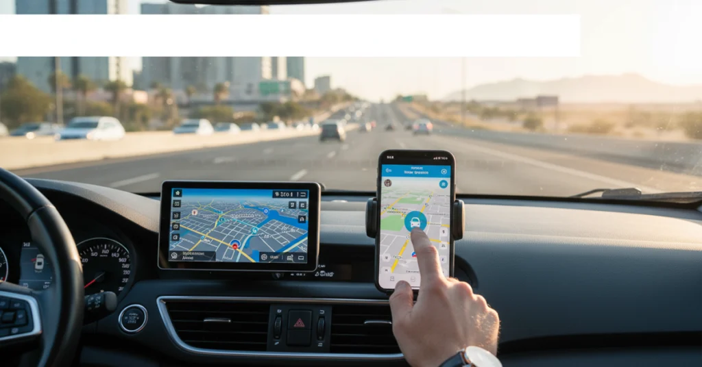 A medium shot from inside a car, focusing on the dashboard and the road ahead. The dashboard features a digital display showing a map, and a smartphone mounted in a holder, also displaying a map.