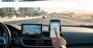 A medium shot from inside a car, focusing on the dashboard and the road ahead. The dashboard features a digital display showing a map, and a smartphone mounted in a holder, also displaying a map.