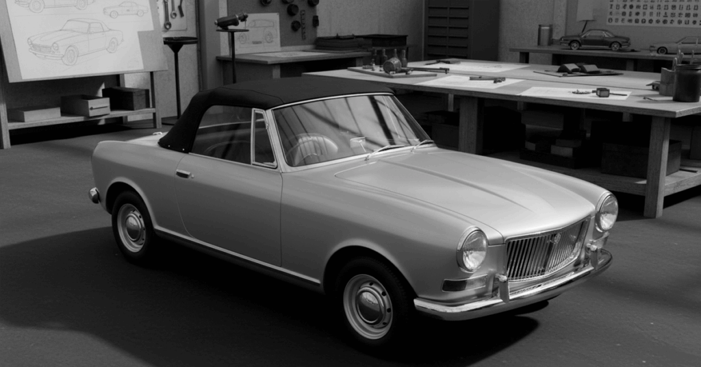 A black and white studio shot of a vintage convertible car, BMC ADO34, parked inside a workshop.
