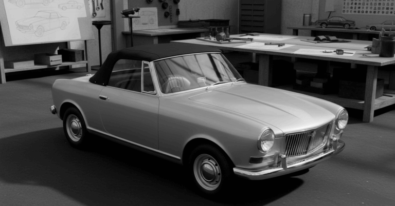 A black and white studio shot of a vintage convertible car, BMC ADO34, parked inside a workshop.