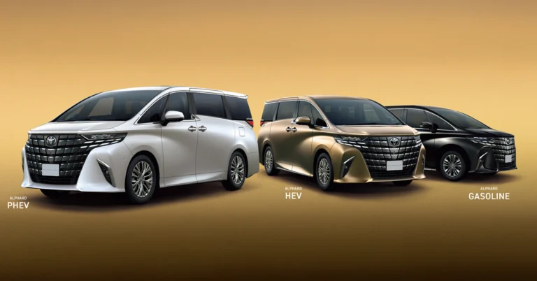 Three Toyota Alphard minivans are displayed against a gradient gold background. The minivan on the left is white, the one in the middle is gold, and the one on the right is black. Each car has a large, intricate front grille with the Toyota logo prominently displayed.