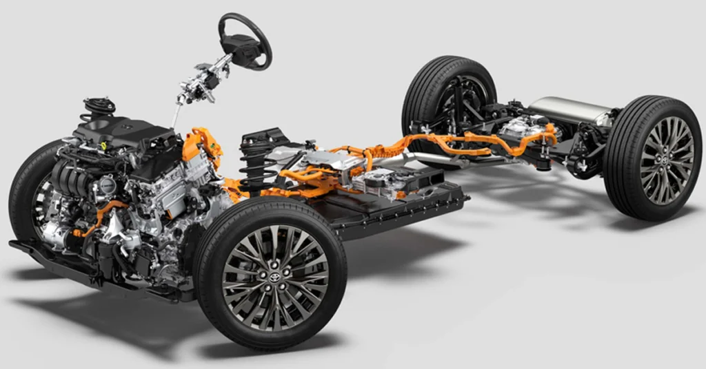 A detailed cutaway illustration of a Toyota Alphard  chassis, showcasing the engine, suspension, and electrical components, with a focus on the intricate wiring and mechanical systems, set against a plain white background. The style is technical and precise, resembling an engineering diagram, with a monochromatic color scheme accented by bright orange wiring to highlight the electrical system. 