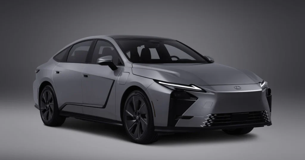 A digital photograph of a gray Lexus 2026 Lexus ES concept car against a gray background. The car is a four-door sedan with a sleek, aerodynamic design.