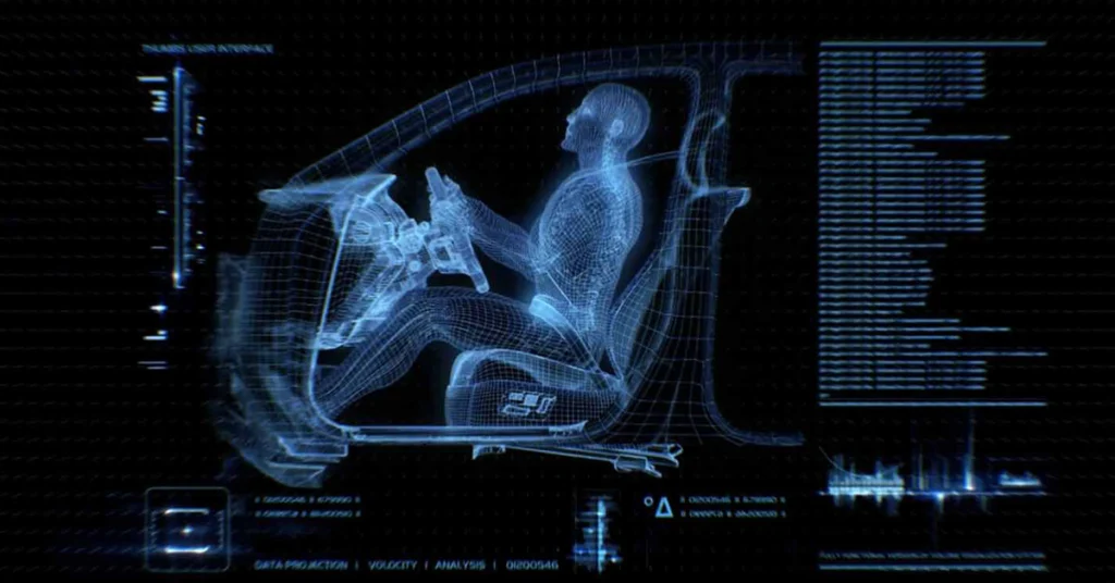 A digital rendering of a car interior with a driver, presented in a wireframe style with a blue color scheme against a black background. The driver, a light-skinned male around 30 years old, is seated with hands on the steering wheel. 