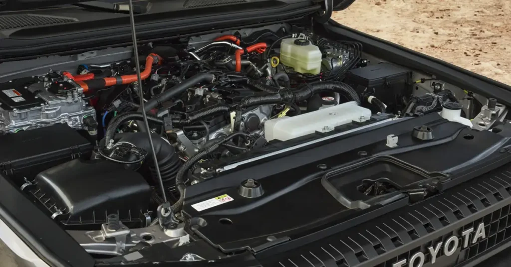 A detailed view of a 2026 Toyota Land Cruiser engine bay, showcasing the intricate arrangement of components. The engine is a complex assembly of hoses, wires, and mechanical parts, with a prominent black plastic cover bearing the "TOYOTA" logo.