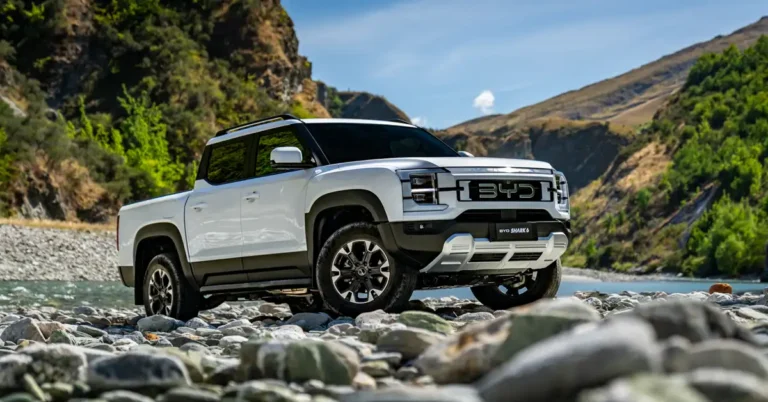 A white BYD Shark 6 pickup truck is parked on a rocky riverbank, with mountains and trees in the background under a blue sky.