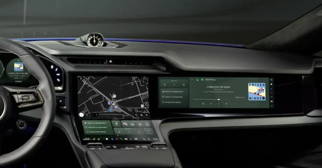 A close-up shot of a Porsche Cayenne Electric dashboard, featuring a steering wheel on the left and a series of screens displaying various information. The dashboard is sleek and modern, with a combination of digital displays and physical controls. The screens show a map, music information, and other car-related data. The steering wheel is black and has a minimalist design. The overall aesthetic is high-tech and luxurious. The lighting is soft and diffused, highlighting the details of the dashboard.