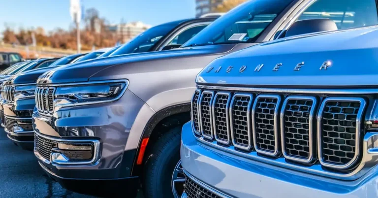 A row of parked Jeep Wagoneer SUVs in various colors, with a focus on the front grilles and headlights, under a clear blue sky.